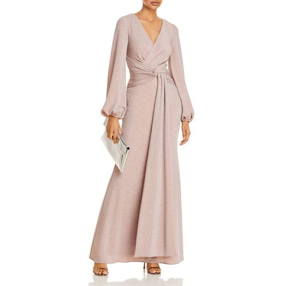 AQUA FORMAL Women's Blush Twist-Front Metallic V-Neck Long-Sleeve Gown SZ 2 - Picture 13 of 13